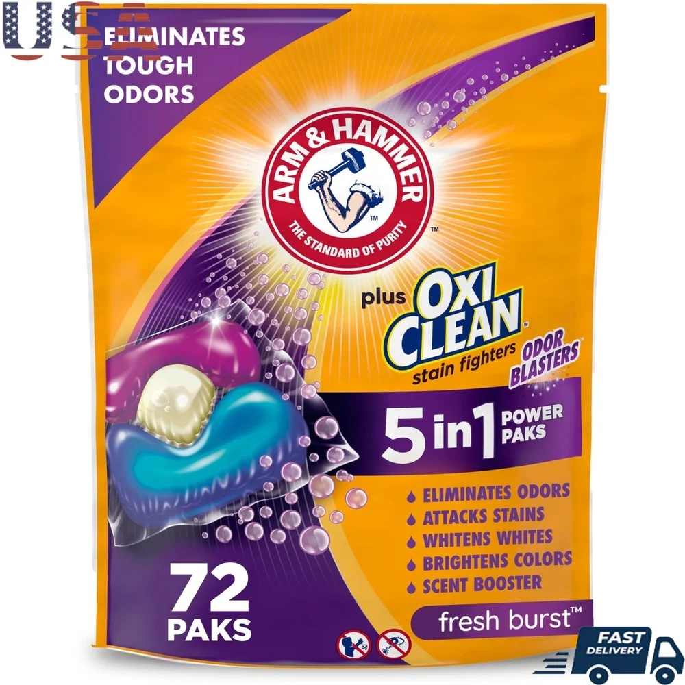 Detergente para ropa 5 en 1 para eliminar olores Power Paks 72 Ct HE quitamanchas Fresh Burst Odor Blasters paquetes de limpieza profunda