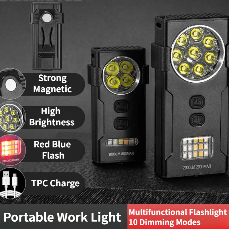 

Portable Work Light 2000LM Bright Flashlight TPC Rechargeable Cap Clip Light 10 Modes Dimming Outdoor Waterproof Emergency Lamp