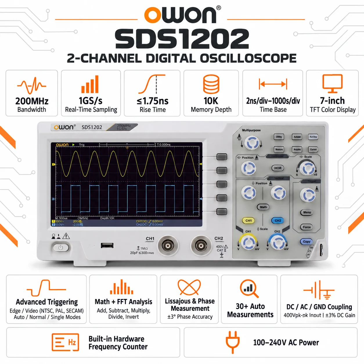 OWON SDS1022 SDS1102 SDS1202 S - Digital Storage Oscilloscope 100Mhz avis et prix