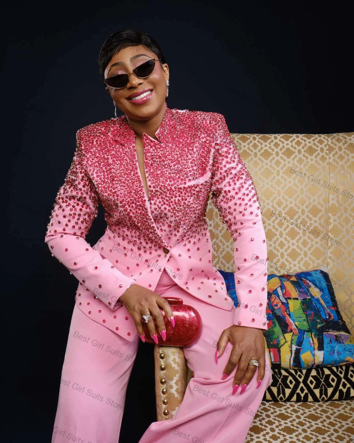 

Luxury Pink Women Suit Set 2 Piece Blazer+Pants Trousers Red Crystals Formal Office Lady Jacket Customized Wedding Coat