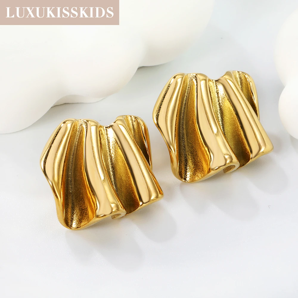 LUXUKISSKIDS Romantic Geometric Big Stud Earrings for Women Stainless Steel Texture Gold Color Waterproof Charms Wedding Party