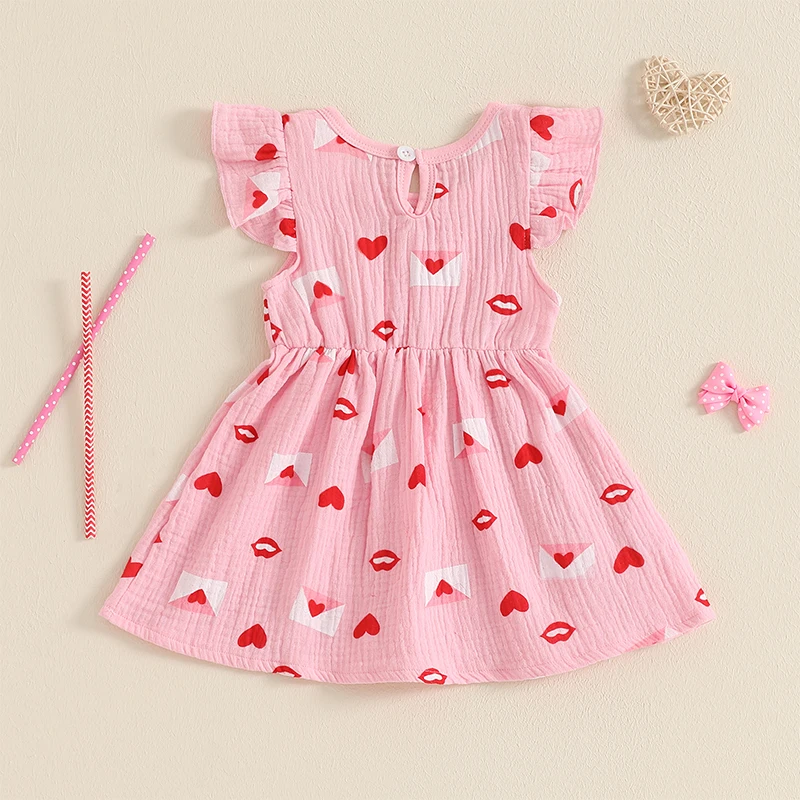 Little Girls Valentine s Day Princess Dress Short Sleeve Heart Envelope Print A-line Dresses