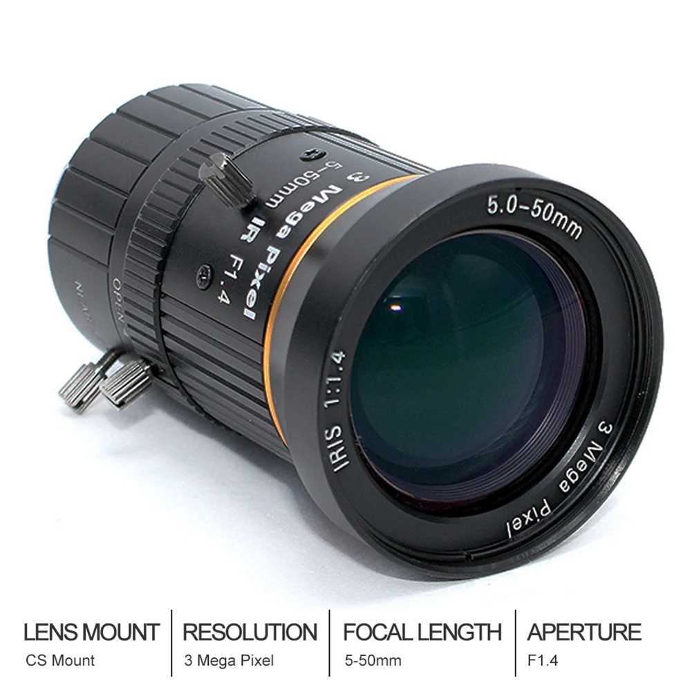 T44C_1/2.5 inch 3MP 5-50mm C-Mount Zoom Lens for IMX477 Raspberry Pi HQ Camera, with C-CS Adapter