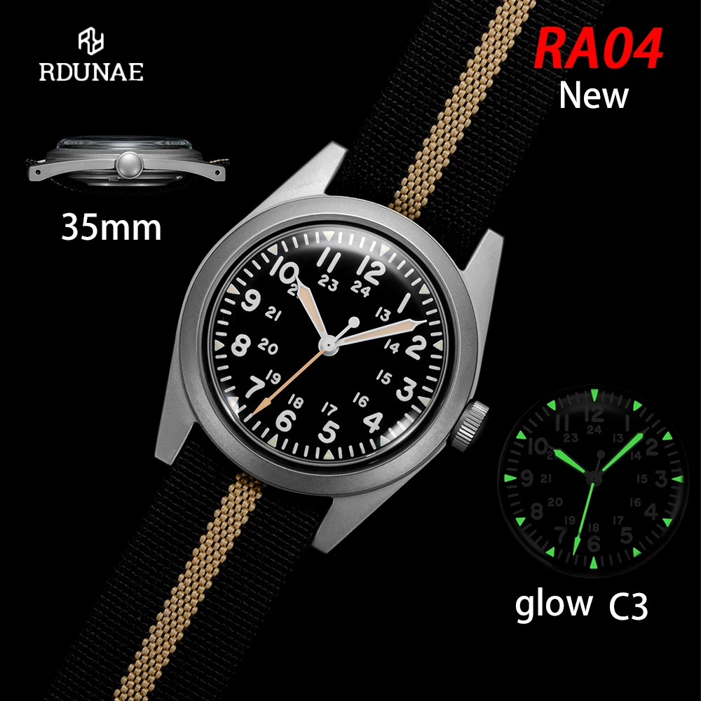 

RDUNAE 2025 Новые RA04 Мужские военные кварцевые наручные часы 35 мм C3 G10 Ретро Miyota 2035 Часы 5 бар часы relojes para hombres