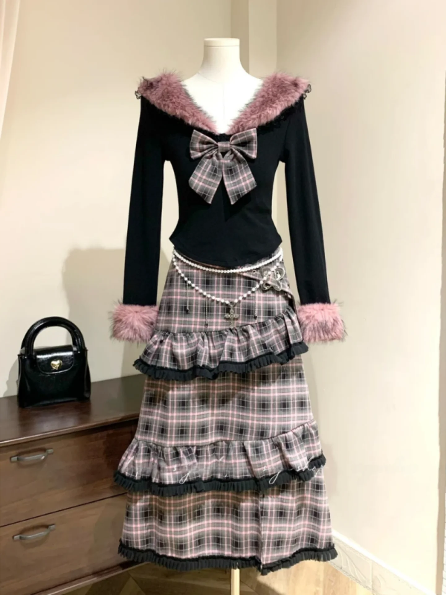 

Ele Knot Waist-Cinching Women's Set High Waist Skirt Long Sve Knit Top Winter Faion Trend Two-Piece Set