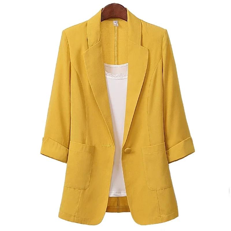 2023 Spring Autumn cotton linen plus size Blazer jacket women Solid 3/4 sleeve Loose Casual Suit Fashion Women Outerwear Tops