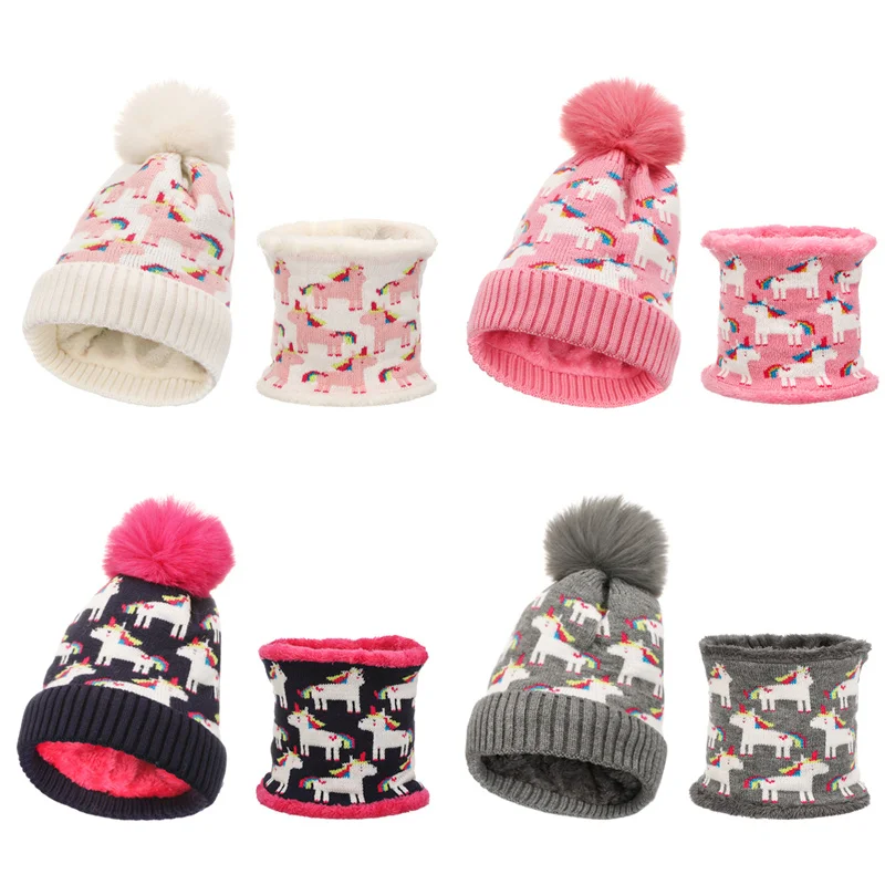 

European Winter Knitted Baby Hat Scarf Set Cartoon Unicorn Beanies Girls Warm Pompom Cap Windproof Gorras Kids Crochet Bonnet