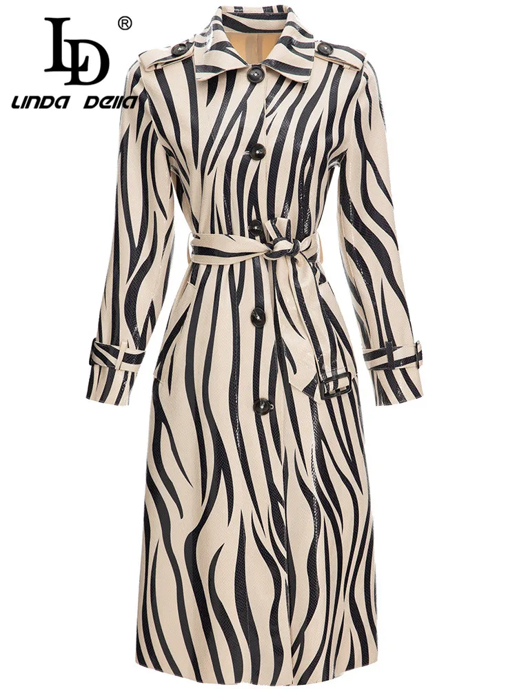 

LD LINDA DELLA Designer Autumn Winter PU Trench Coat Women Turn-down Collar Belted Stripe print Fashion Vintage Overcoat Outwear