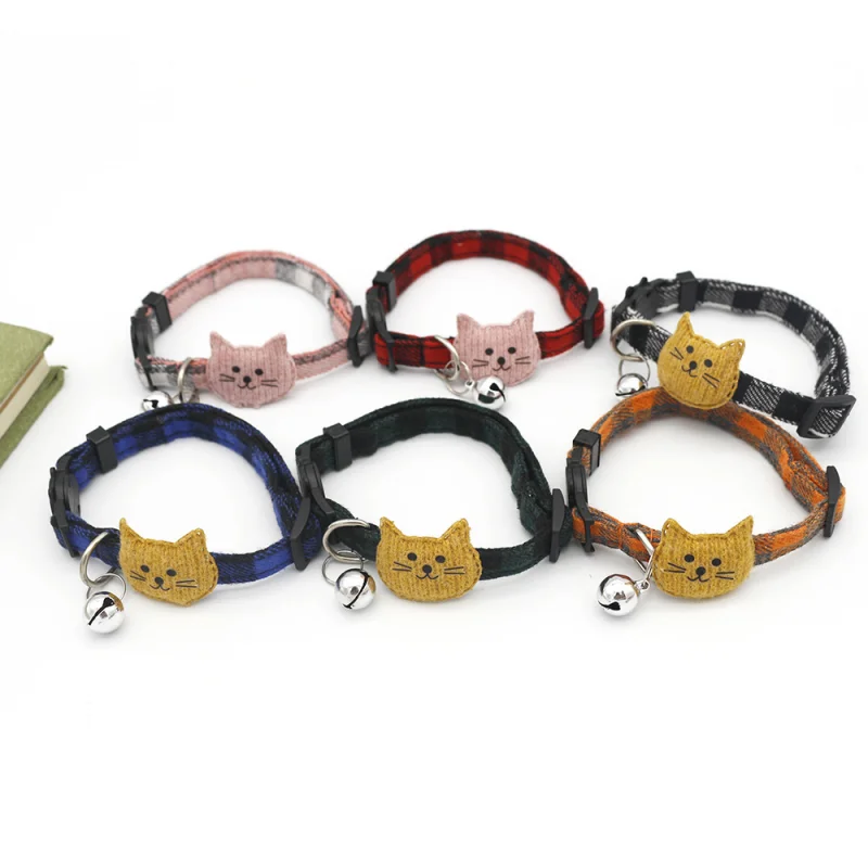 Multi Color Cartoon Creativity Cat Plaid Collar Pet Bell Cute Cat Head Buckle Cat Collars Pet Accessories Pet Dressing Tool