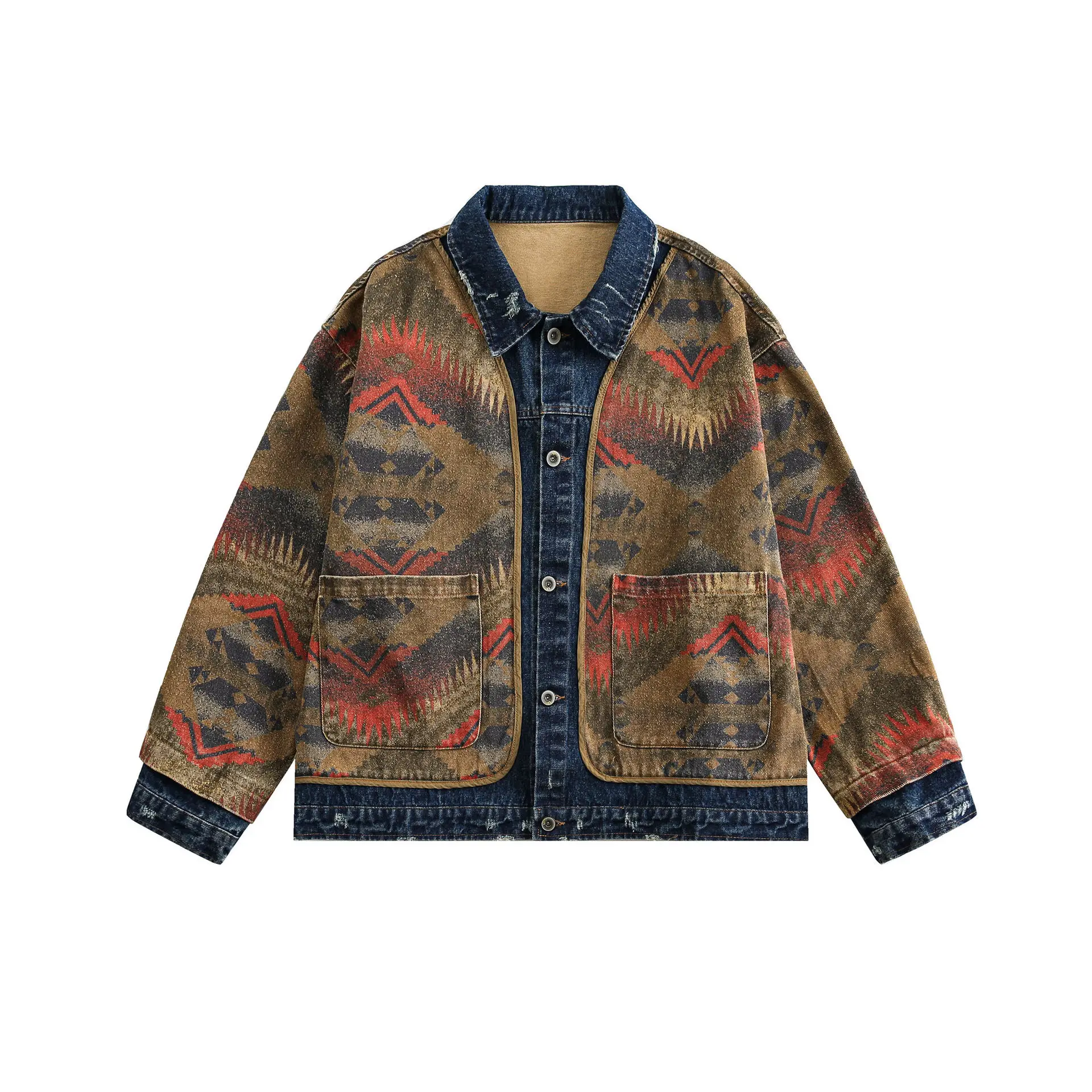 

2025 Autumn New Men's Amekaji Jacket Japanese Retro American Street Denim Jacquard Paneled Vintage Washed Oversized Lapel Coat