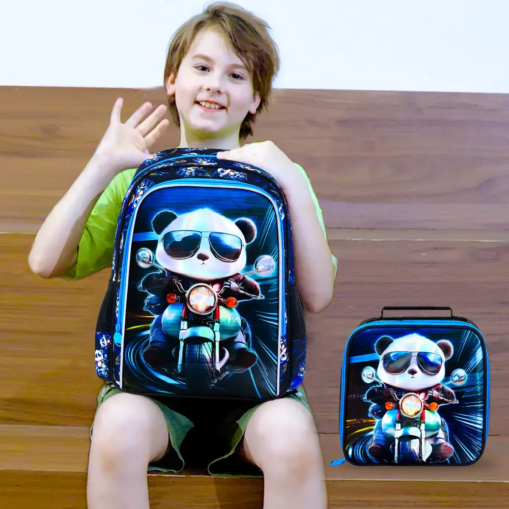 3Pcs 16 Inch Boys Backpack Set, Cool Motorcycle‑Panda School Bag with Lunch Bag & Pencil Pouch, Lightweight Elementary Bookbag