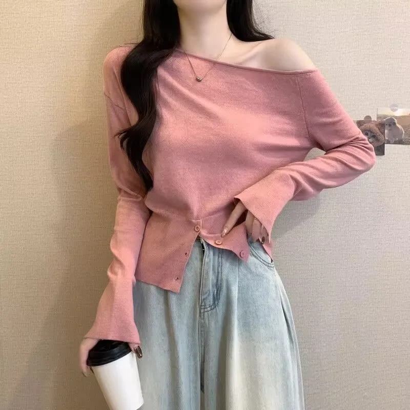 

Sexy Slant Neck Off-the-shoulder Knit T-shirt 2026 New Women Spring Autumn Casual Blouse Tops Split Button T-shirt Base Shirt