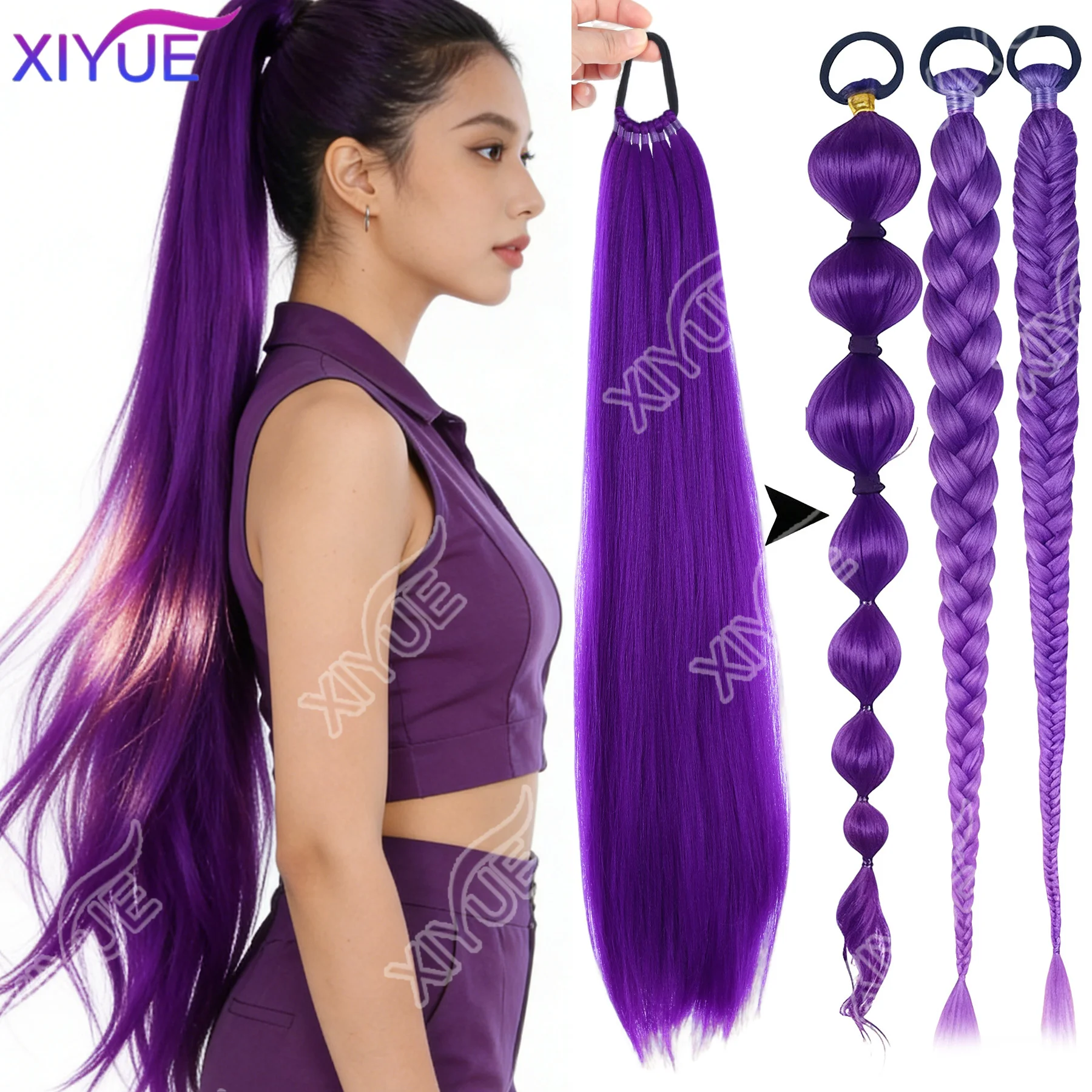

XIYUE 24-дюймовый синтетический хвостик, черный натуральный плетеный конский хвост, шиньон, длинная прямая резинка для волос для женщин