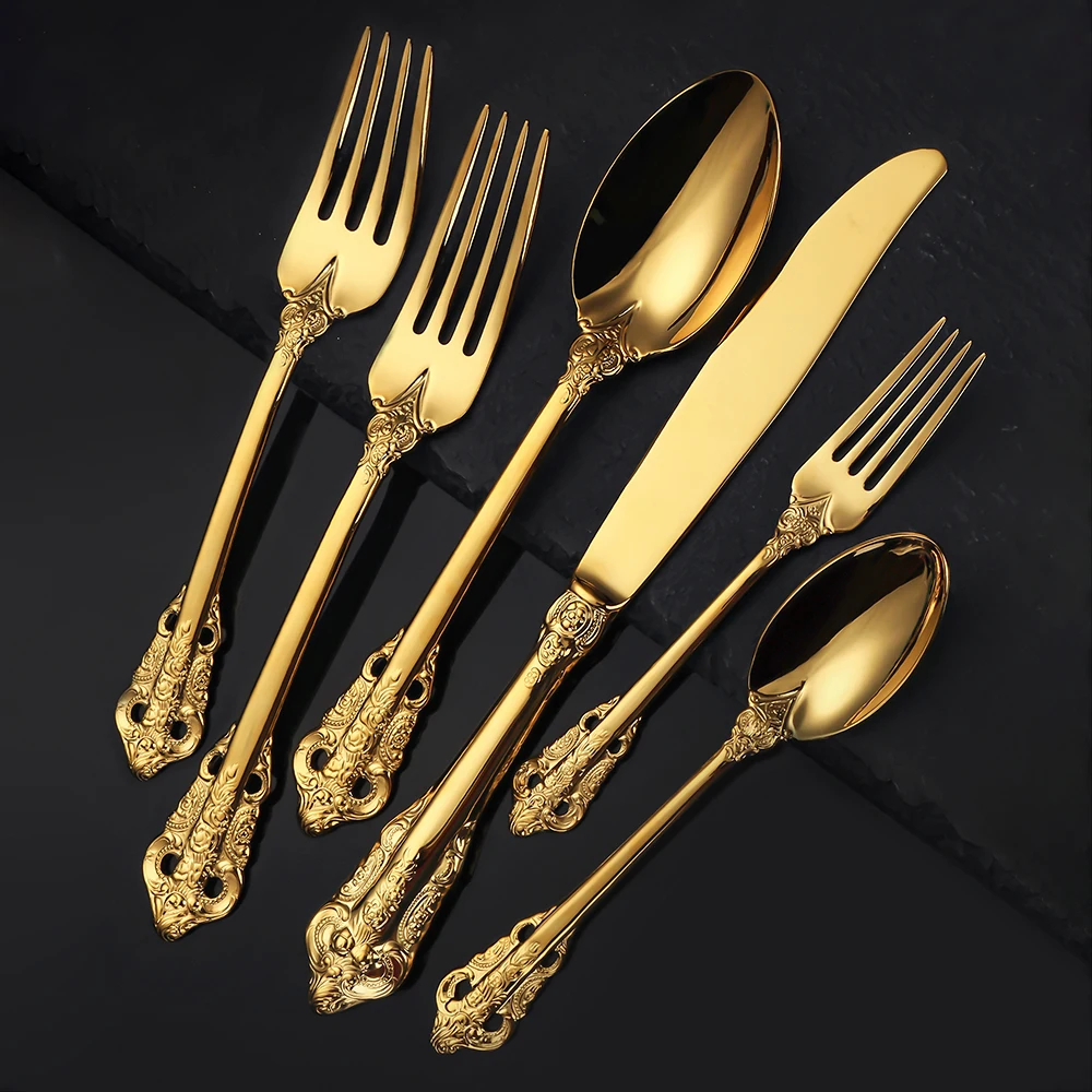 Gold Luxury Dinnerware Flatware, Dining Stainless Steel Western Silverware, Palace Style, Royal Golden Table Silverware, 4, 5 Pi