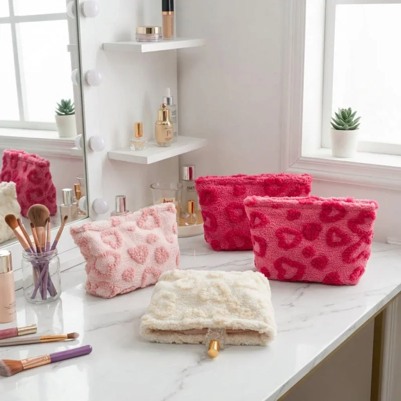 3Pcs/Set Cute Plush Makeup Bag Women Heart Fluffy Cosmetic Pouch Teddy Fleece Travel Organizer Portable Skincare Lipstick Case