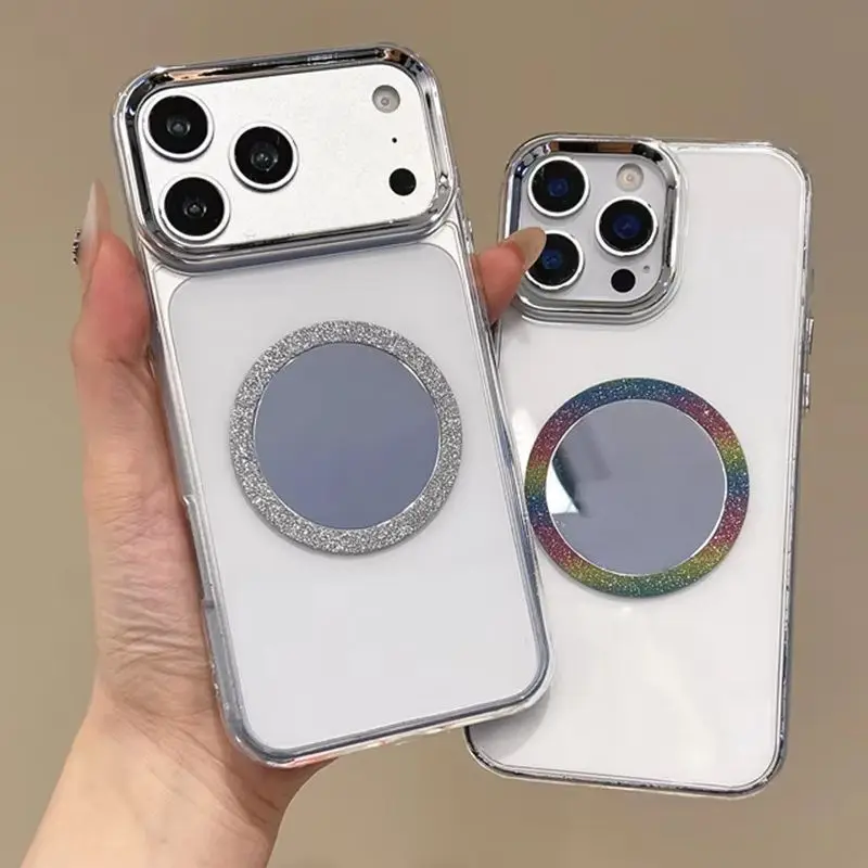 Elegant Glitter Magnetic Makeup Mirror Phone Case for 17 Pro Max Slim Transparent TPU Protective Cover for iPhone 16 15 14 13