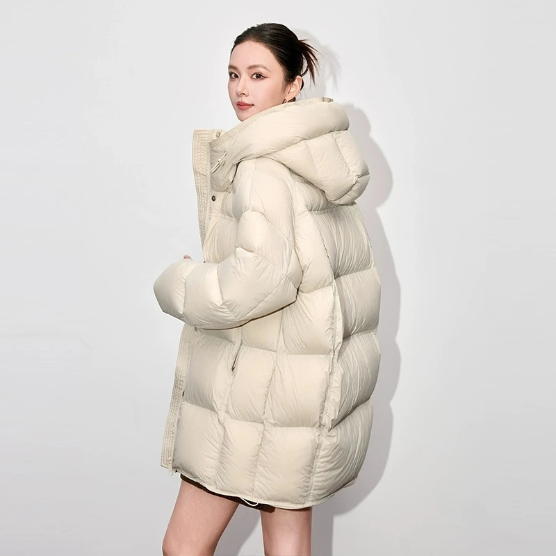 2025 Winter New 90 White Goose Down Hooded Jacket Women's Fashion Loose Cloud Puff fluffy Down Coats Lady Thick Parker Overcoat