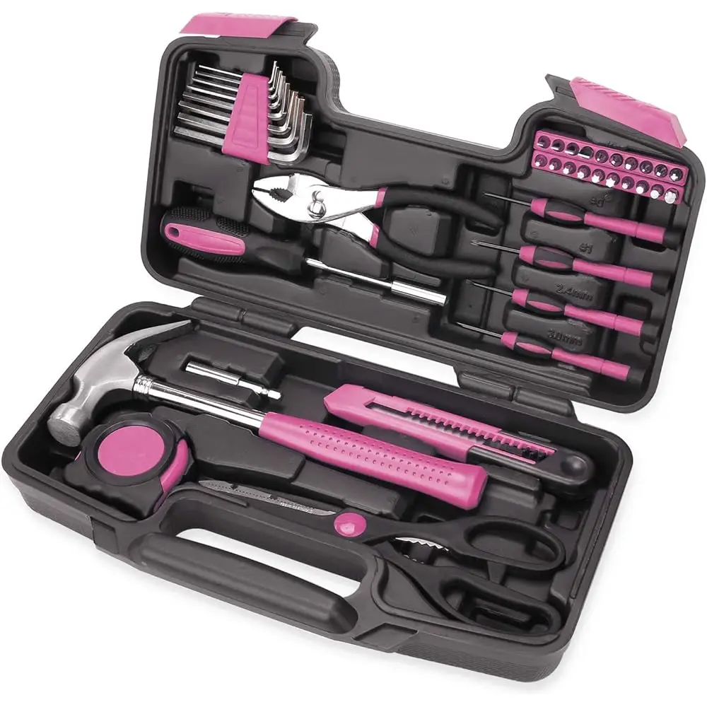 

39 Piece All Purpose Basic Household Pink Tool Kit For Women - Small Tool Set With Toolbox Great For Home, Garage, Office And