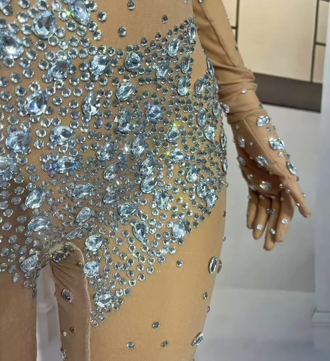 Diamentowy Kombinezon Przezroczyste Dżety Siateczkowe Rękawiczki Klub Nocny Bar DJ Piosenkarz Tancerz Występ Kostium Taneczny Impreza Klubowa Pokaz