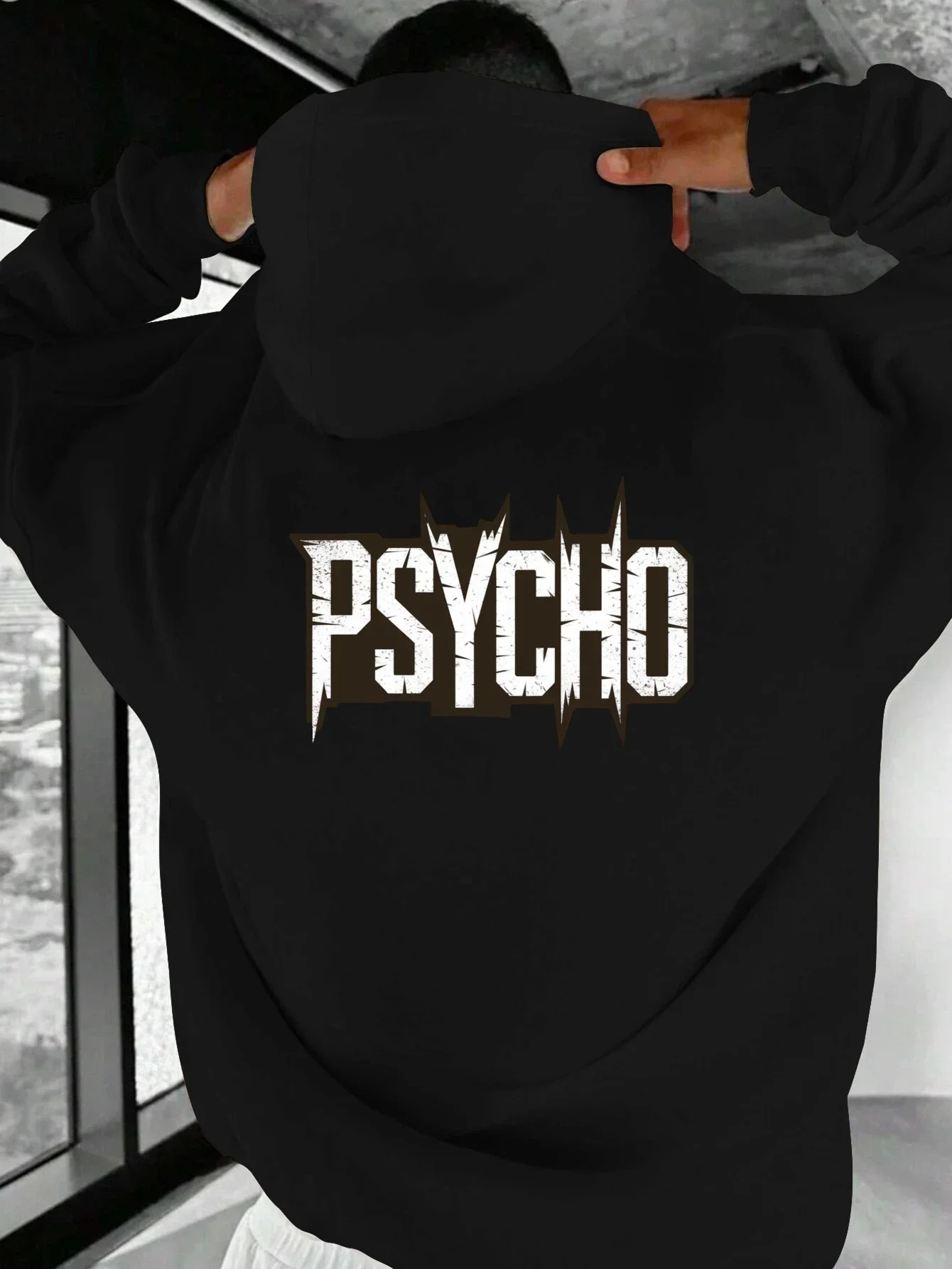 Men Metal Punk Graphic Hoodie PSYCHO Distressed Sharp Font Back Print Pullover Loose Unisex Fleece Hoodie