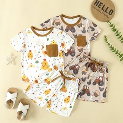 Ensemble de tenue jetable pour tout-petits garçons et filles, t-shirt et short de dessin animé à manches courtes, vêtements d'été mignons pour bébé de ferme, 2024-01-24