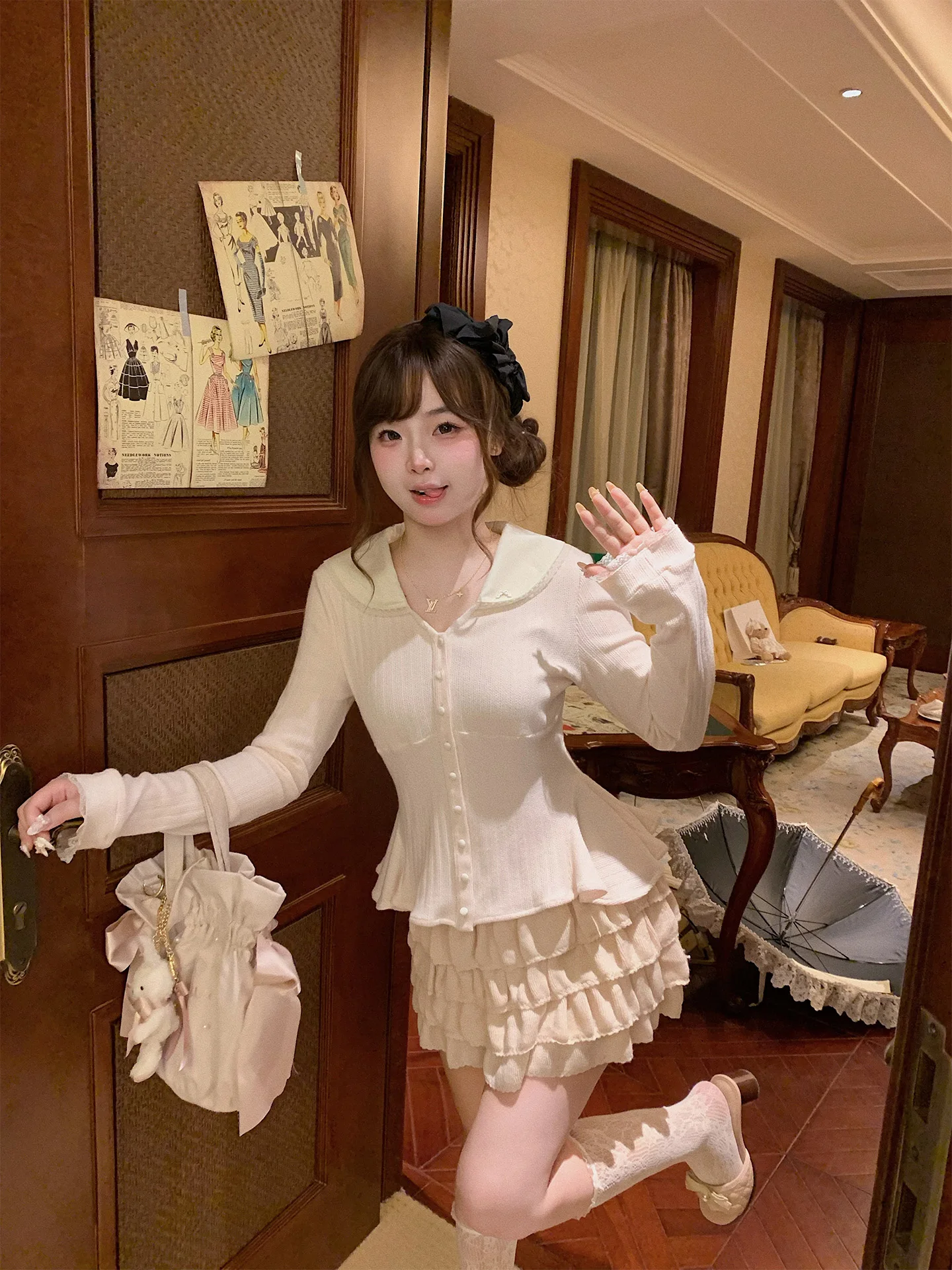 

aph Baitrans Sweet Wine Doll V-ne Knitted Slim Fit Base Cardigan Women's Autumn Winter Long Sve Button up Knitwear