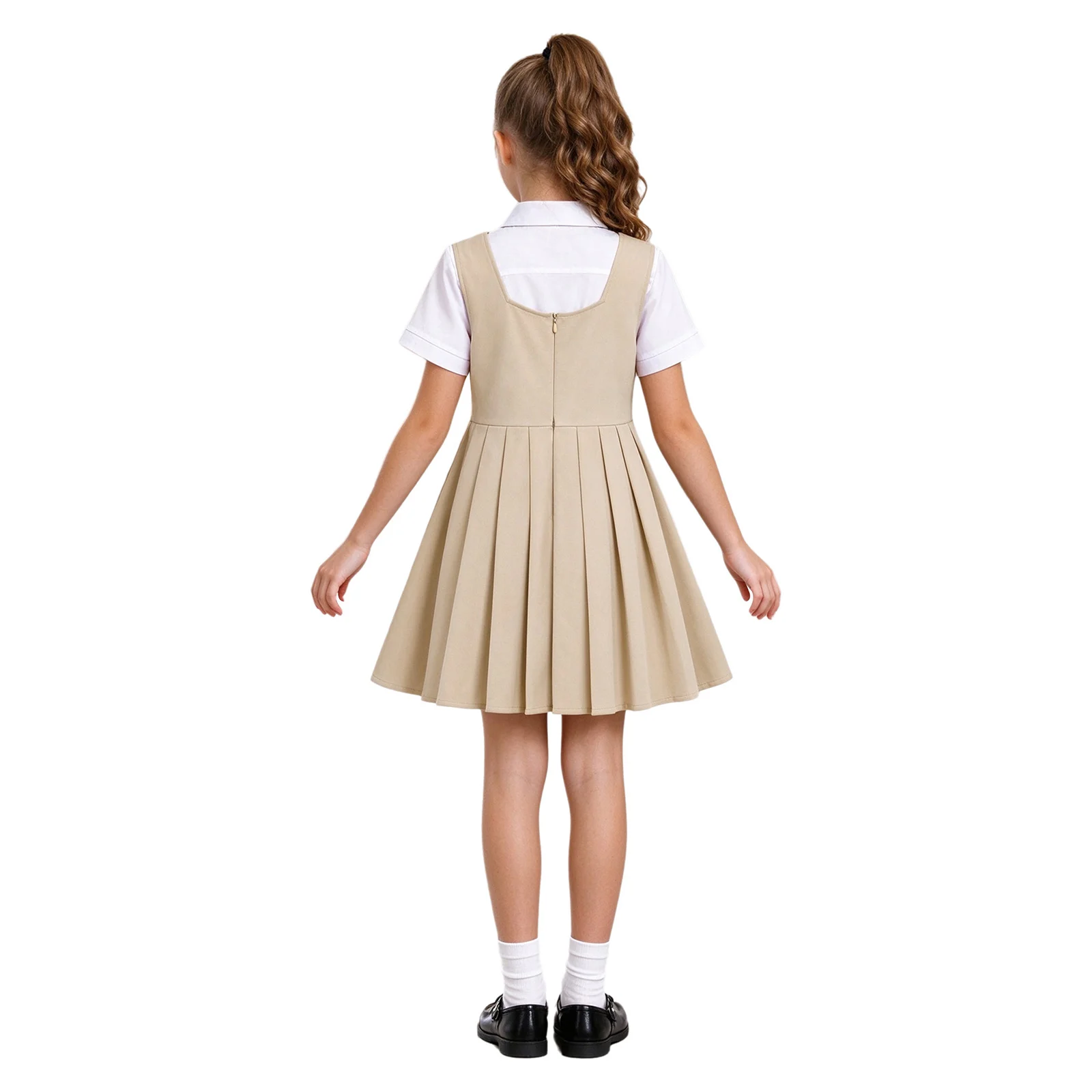 Kids Girls 2-piece School Uniform Bowtie Short Sleeve Button Shirt with V-neck Pleated Jumper Dress for Recitation Performance