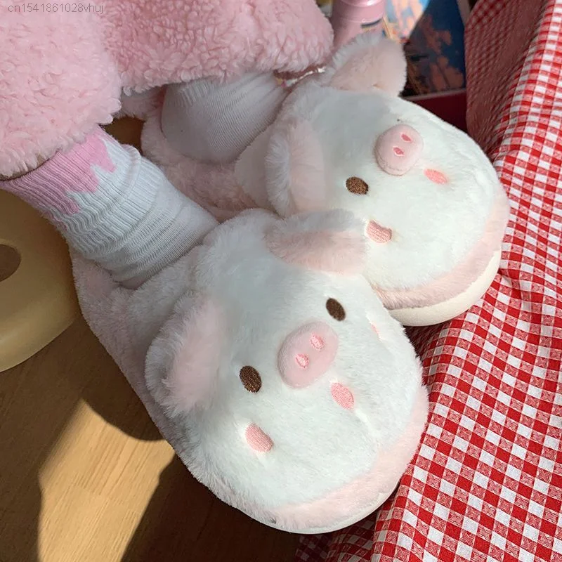 Cute Pig Cotton Slippers For Women Winter Kawaii Plush Home Wear Non Slip White Pink Slippers Female Aesthetic Traf Shoes Y 2k