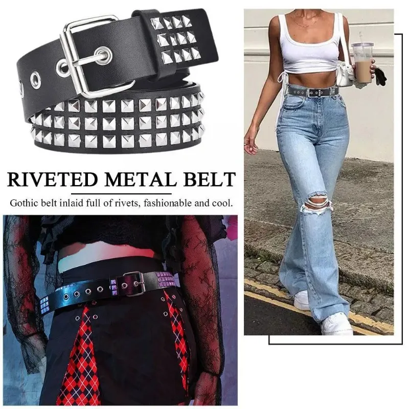 

Women Riveted Metal Belt PU Leather Jeans Studded Belt Waistband Beads Belt Fashion Eyelet Square Pin