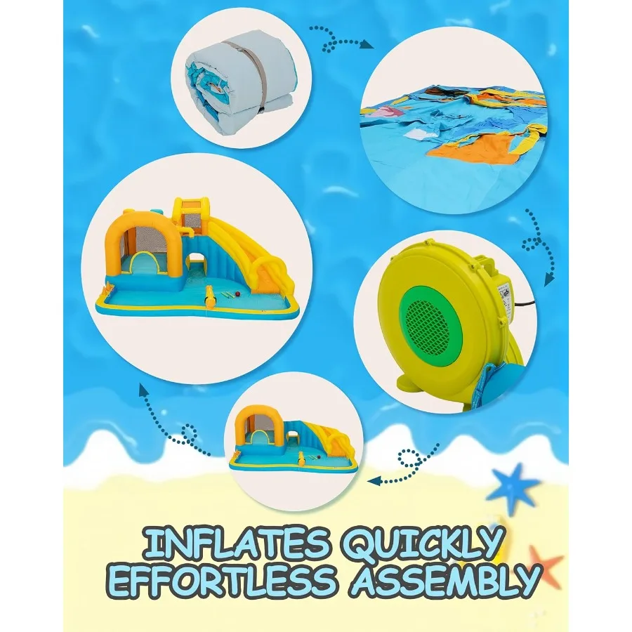 어린이용 에어 슬라이드, 대형 수영장과 긴 슬라이드가 있는 물놀이 공원, 등반 기능이 있는 에어 바운스 하우스