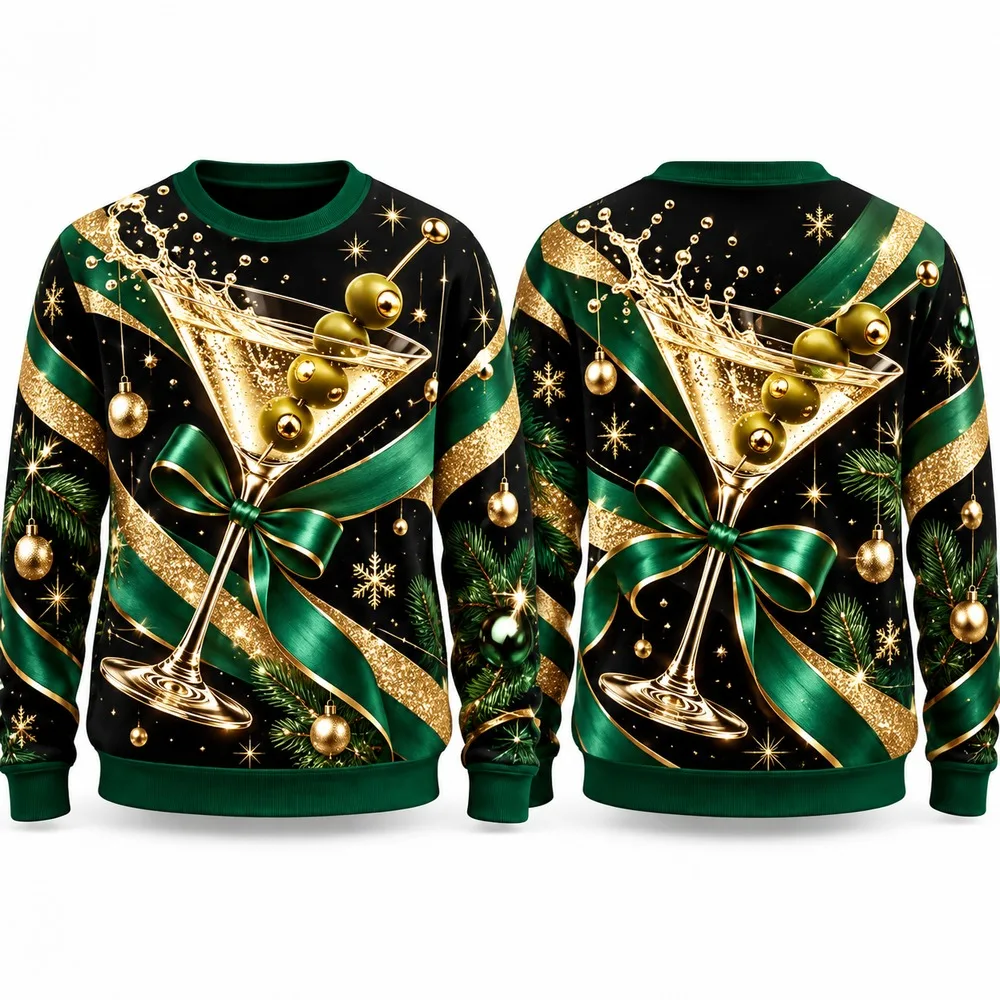 Hot Christmas Martini Glass Ugly Christmas Sweater for Men Women Festive Holiday Party Crewneck Pullover Long Funny Sweaters
