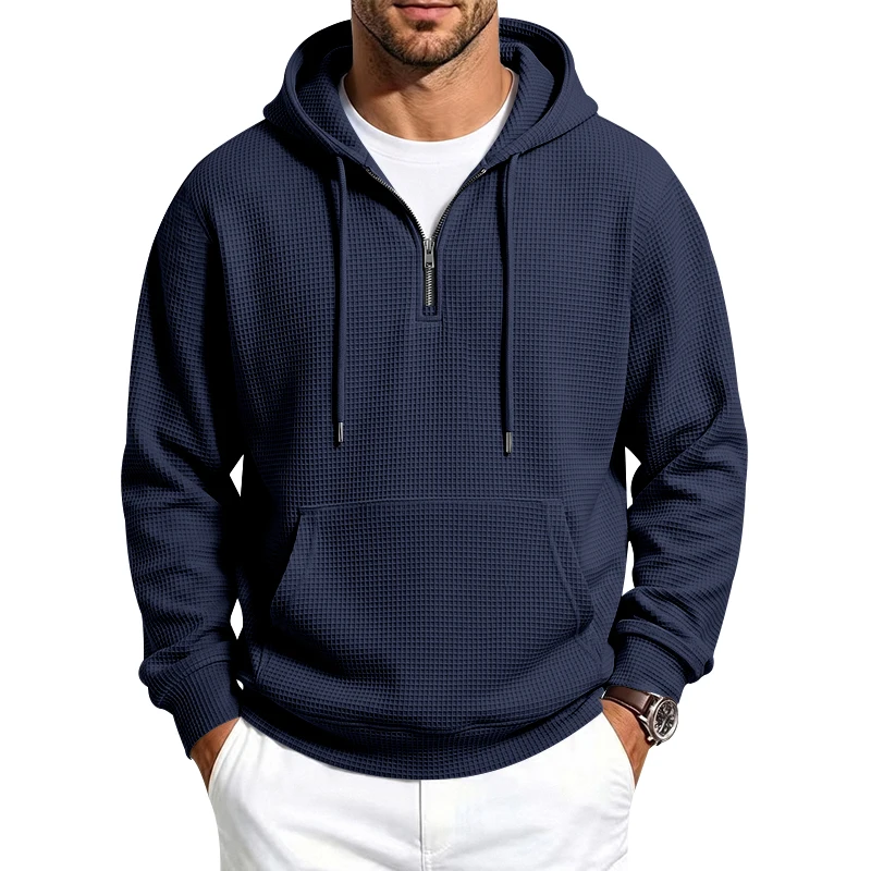 Herren Frühling und Herbst Einteiliger Waffel-Strick 1/4 Reißverschluss Lässiger Loser Kapuzenpullover, Geeignet für den Täglichen Gebrauch – Detail 33