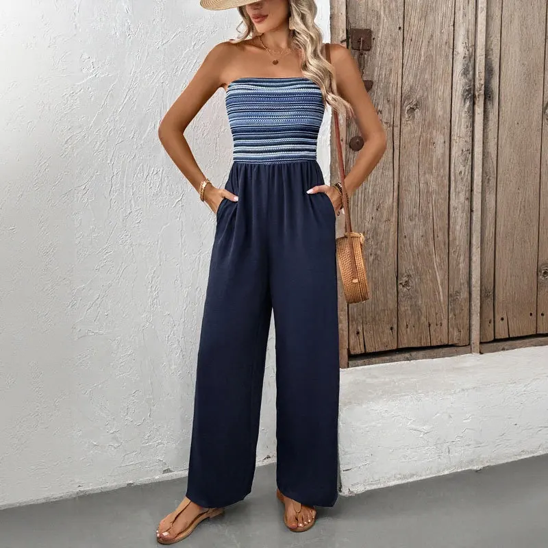 

Summer New Casual Simple One Word Collar Sleeveless Knitted Color Striped Elastic Top Splicing Striped Mid Waist Wide Leg Pants