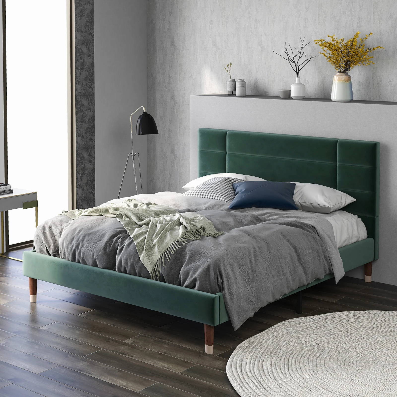 Furniture bed, double bed with latte frame linen , padded bed frame with headboard - 140x200 cm- dark green