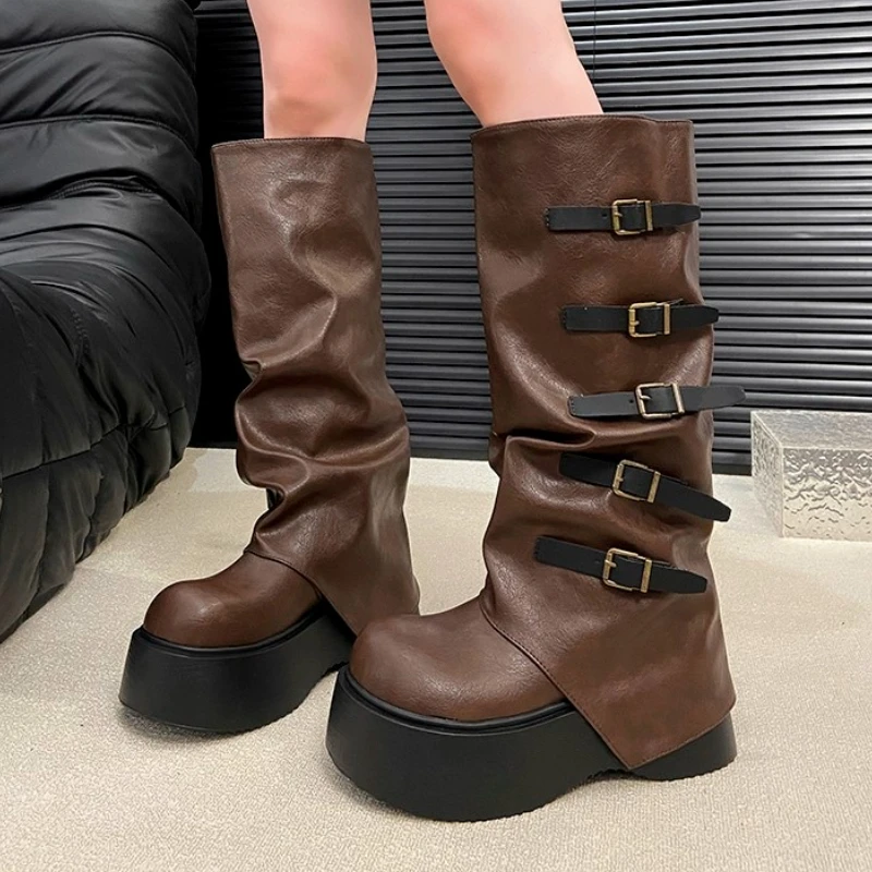 

Platform High Boots Women Flats New Shoes 2025 Elegant Winter Fashion Motorcycle Boots Trend Sexy Height Increasing Shoes Botas