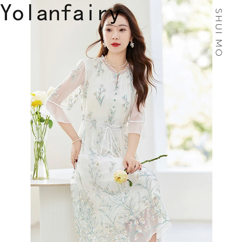 YOLANFAIRY 100% Natural Mulberry Silk Green Dress Summer 2025 High-end Embroidery Birthday Dresses Luxury Elegant Women Dress