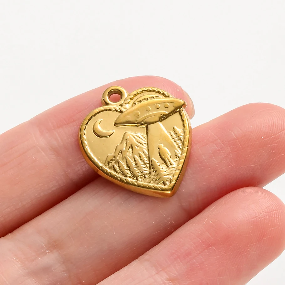 6 Stück/Set Echtvergoldete Weltraum-Alien-Anhänger Astronaut Sonne Mond Stern Charm Edelstahl-Charms für Schmuckherstellung Zubehör – Detail 4