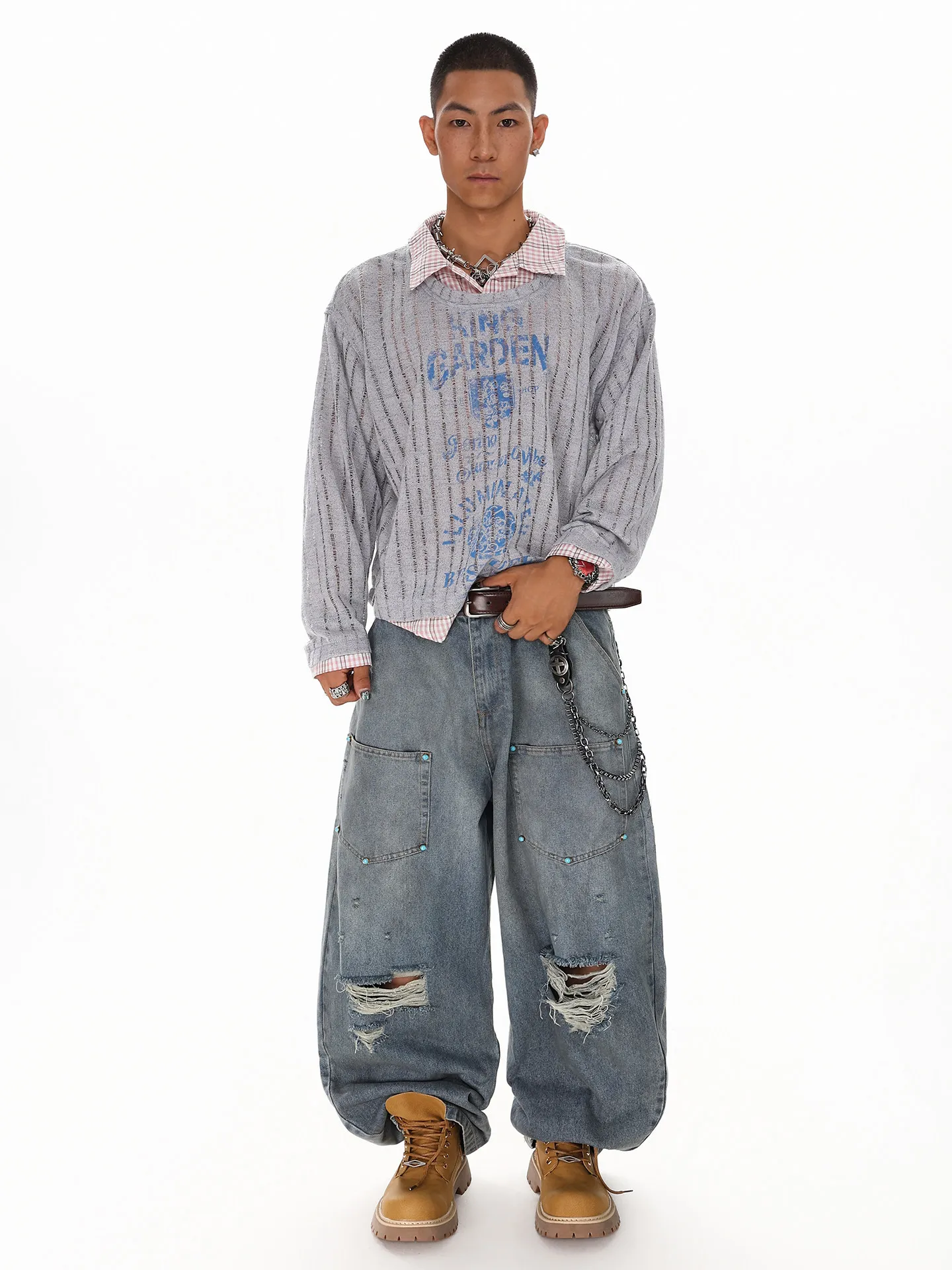 Spring Autumn American Retro Style Letter Print Gray Long Sleeve T-Shirt for Men Coffee Color Loose Fake Two-Piece Striped Top