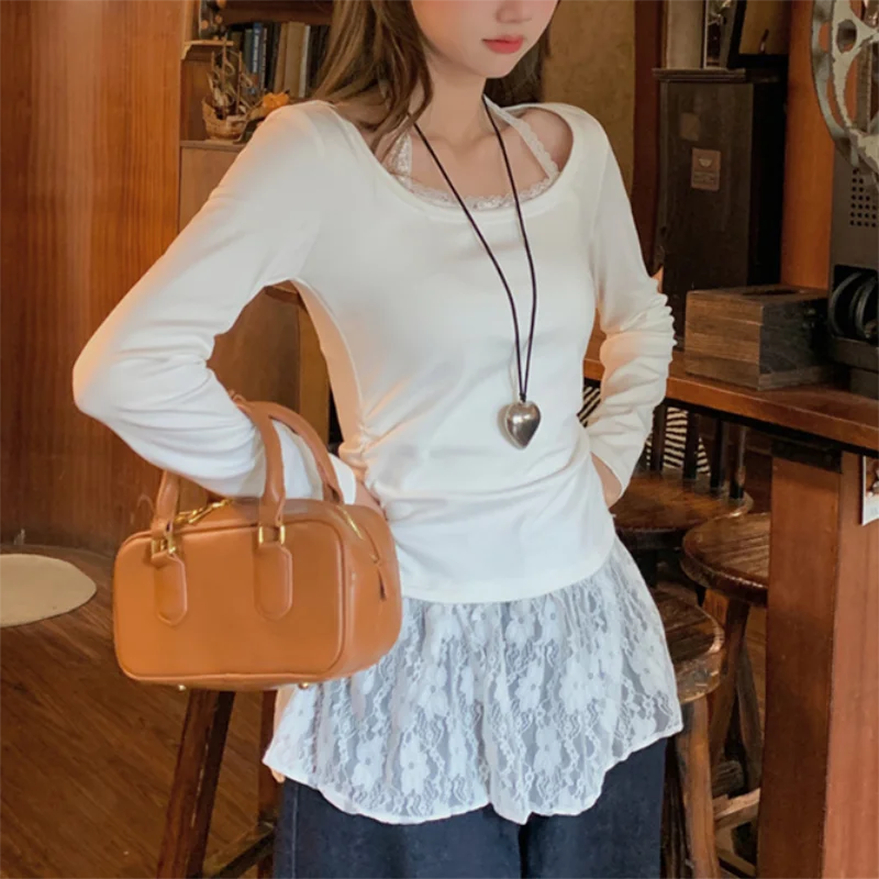 

Белая искусственная кружевная лоскутная футболка из двух предметов с длинными рукавами для женщин, осенне-зимний милый базовый топ в Корейском стиле