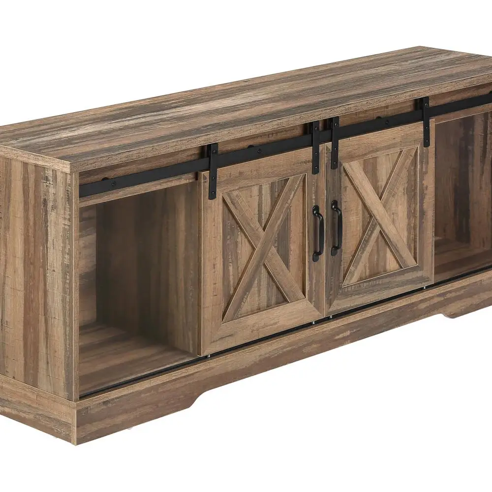 وحدة تحكم وسائط بحامل تلفزيون مقاس 60 بوصة مع أبواب الحظيرة ومركز الترفيه في المزرعة وخزانة تخزين ذات صفائح بنية