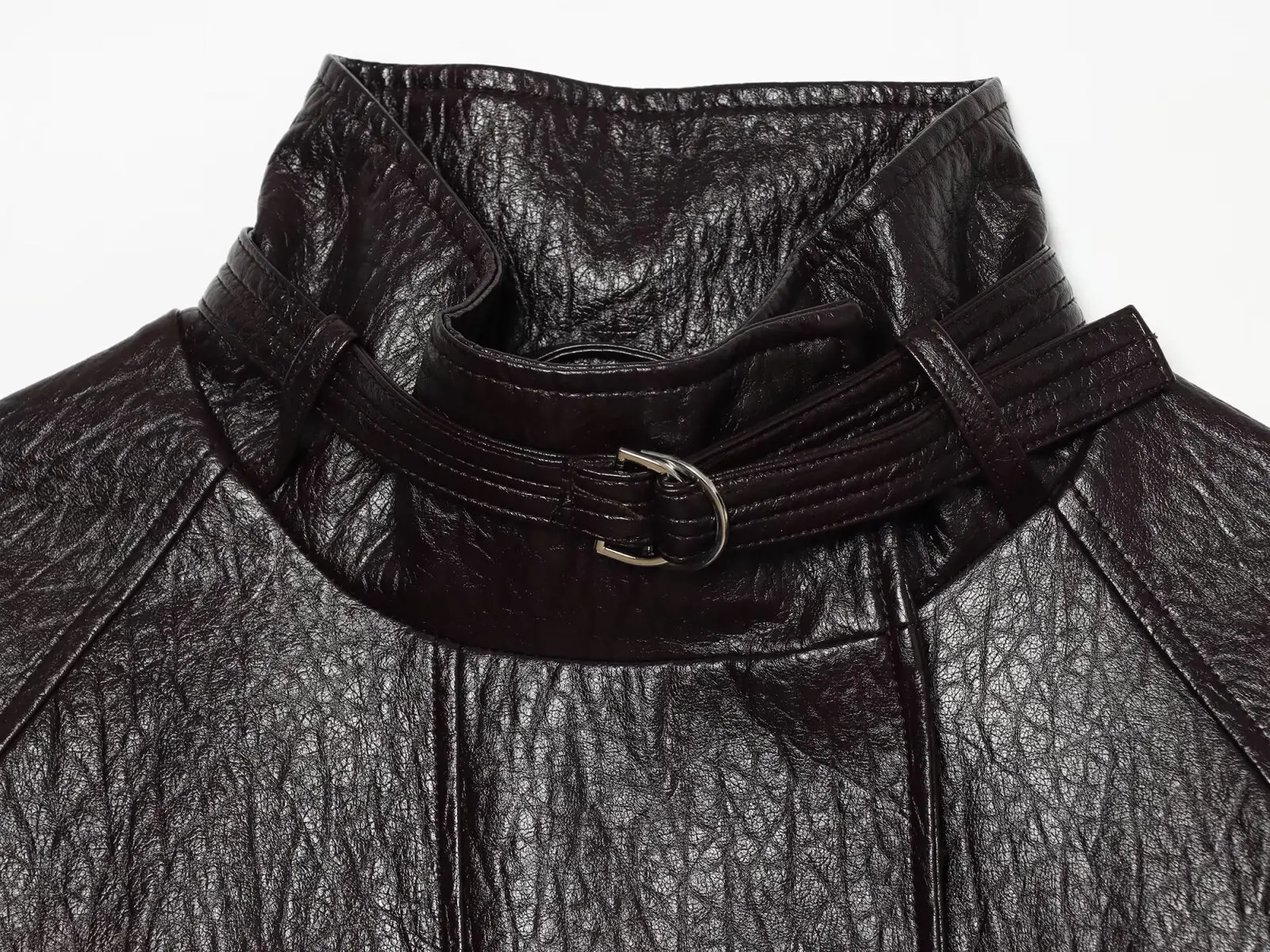 BSAY Vintage Einfarbige Kunstlederjacke für Damen, Neuer Stehkragen mit Halsriemen, Schnallen-Gürtel an der Taille, Laternenärmel, Lässiger Außenmantel – Detail 7