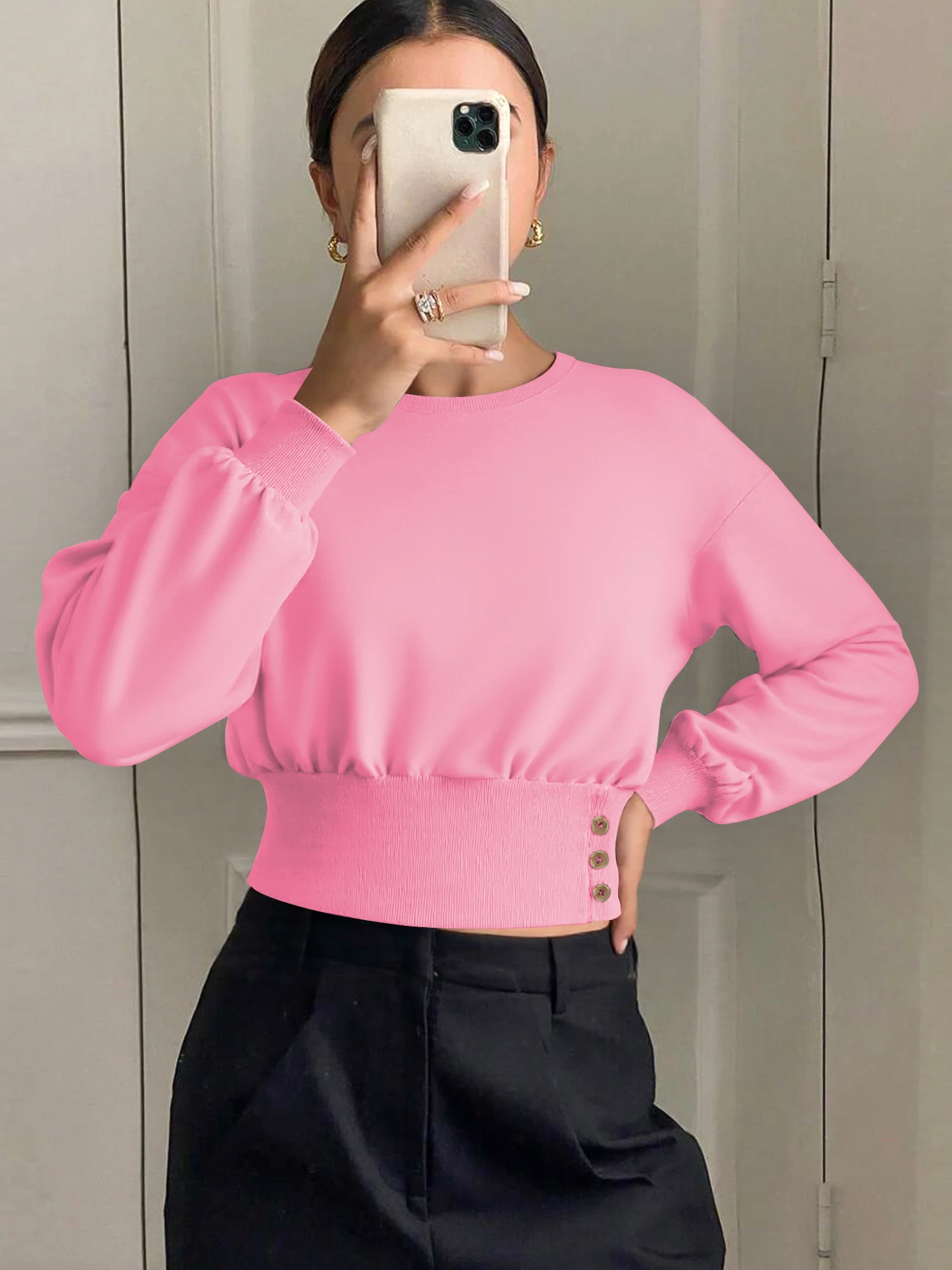 Crew Neck Drop‑Shoulder Cropped Sweatshirt, Side Button Waist‑Cinch Pullover for Street Snap & Influencer Daily OOTDs