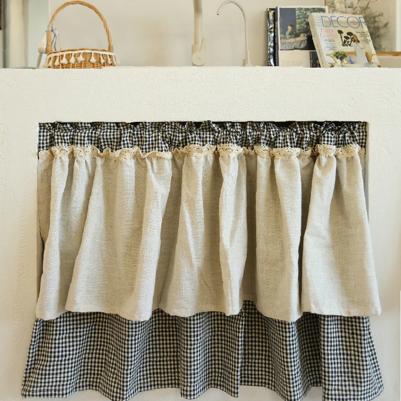 Linen Blend Valance Curtain Farmhouse Plaid Window Curtain Double Layer Valance for Living Room Rod Pocket 1Panel Beige on Black