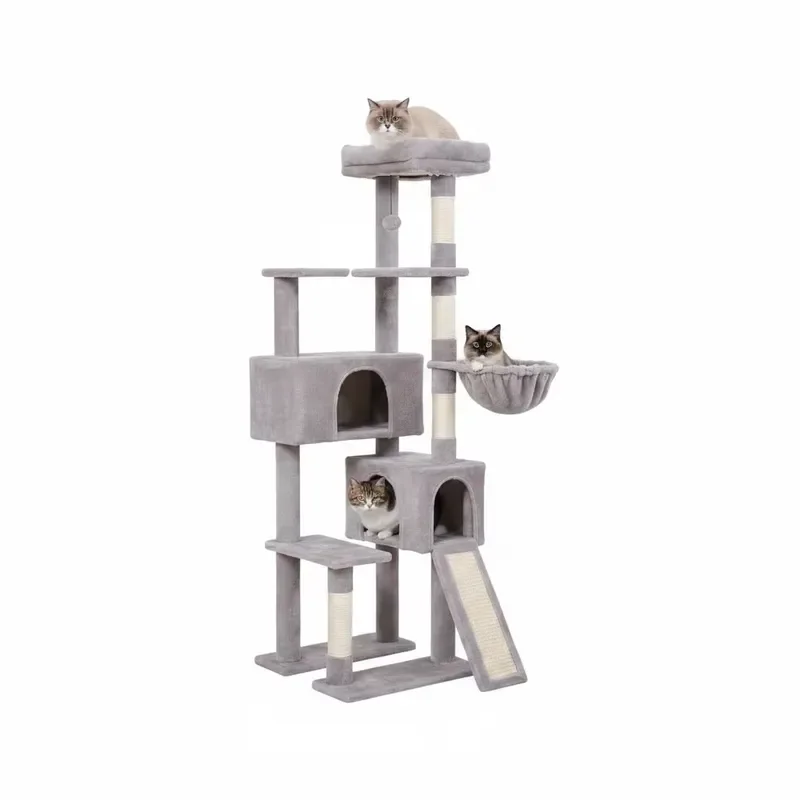for Fantastic Wood Cat Climbing Tower 60.6 Inch 4 Levels Durable Indoor Condo for 1-3 Cats Modern Style Carton Packed