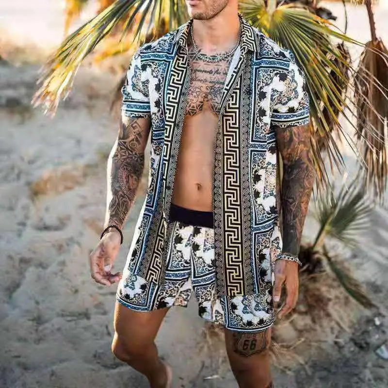 New Digital Printed Men\'s Hawaiian Suit Fashion Summer Short Sleeve Button Shirt Beach Shorts Casual Men\'s Suit S-3XL