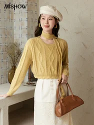 MISHOW Romantic Lace Wave Lace O-neck Knitted Sweater 2024 French Short Top Solid Hollow Elegant Sweater with Belt MPD42Z0736