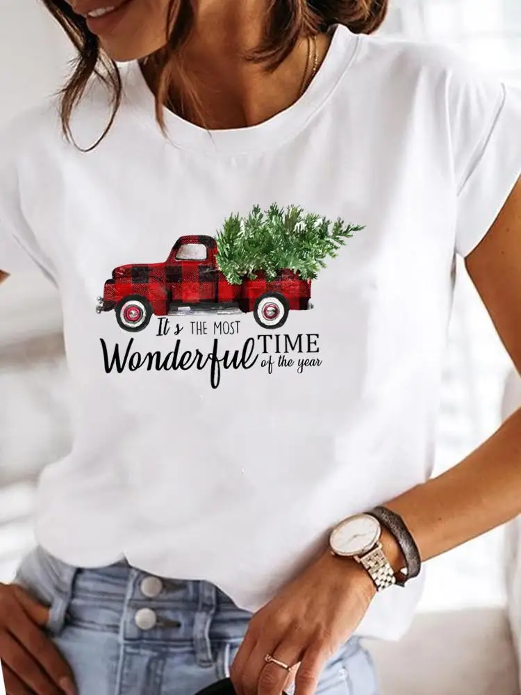 T-shirt à manches courtes imprimé graphique pour femmes, interconnexion Lovely Time, vêtements de vacances de Noël et du nouvel an, mode féminine