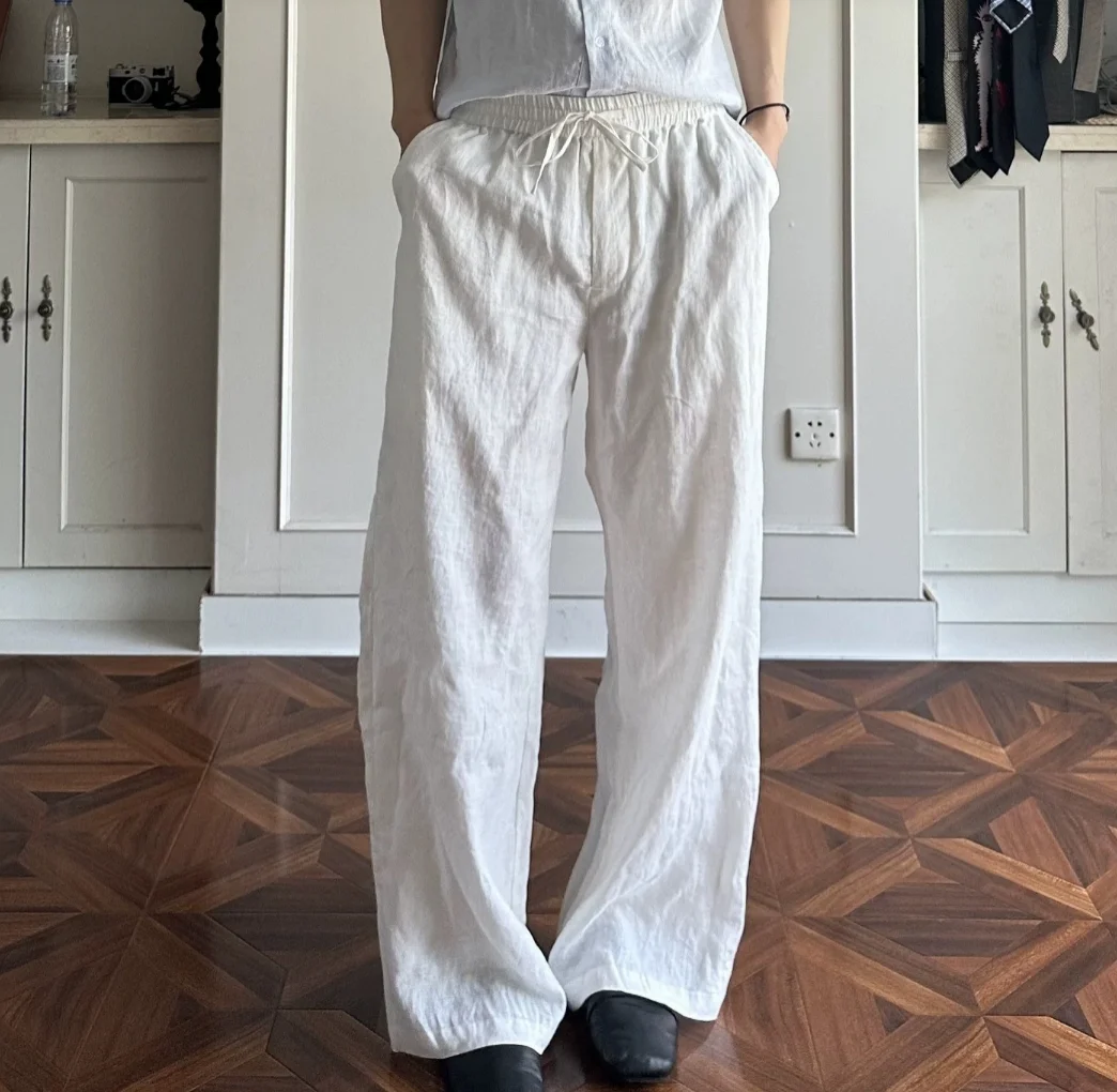 Fashion Cotton Linen Casual Pants Elastic Waist Lined White Design Loose Long Women's Trousers Streetwear Women