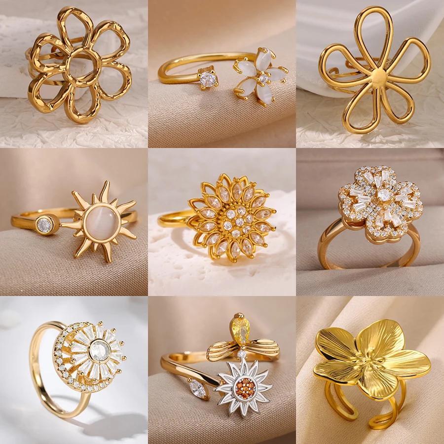 

Cubic Zirconia Rotatable Lotus Flower Rings for Women Stainless Steel Gold Color Open Ring 2025 Fashion Wedding Couple Jewelry