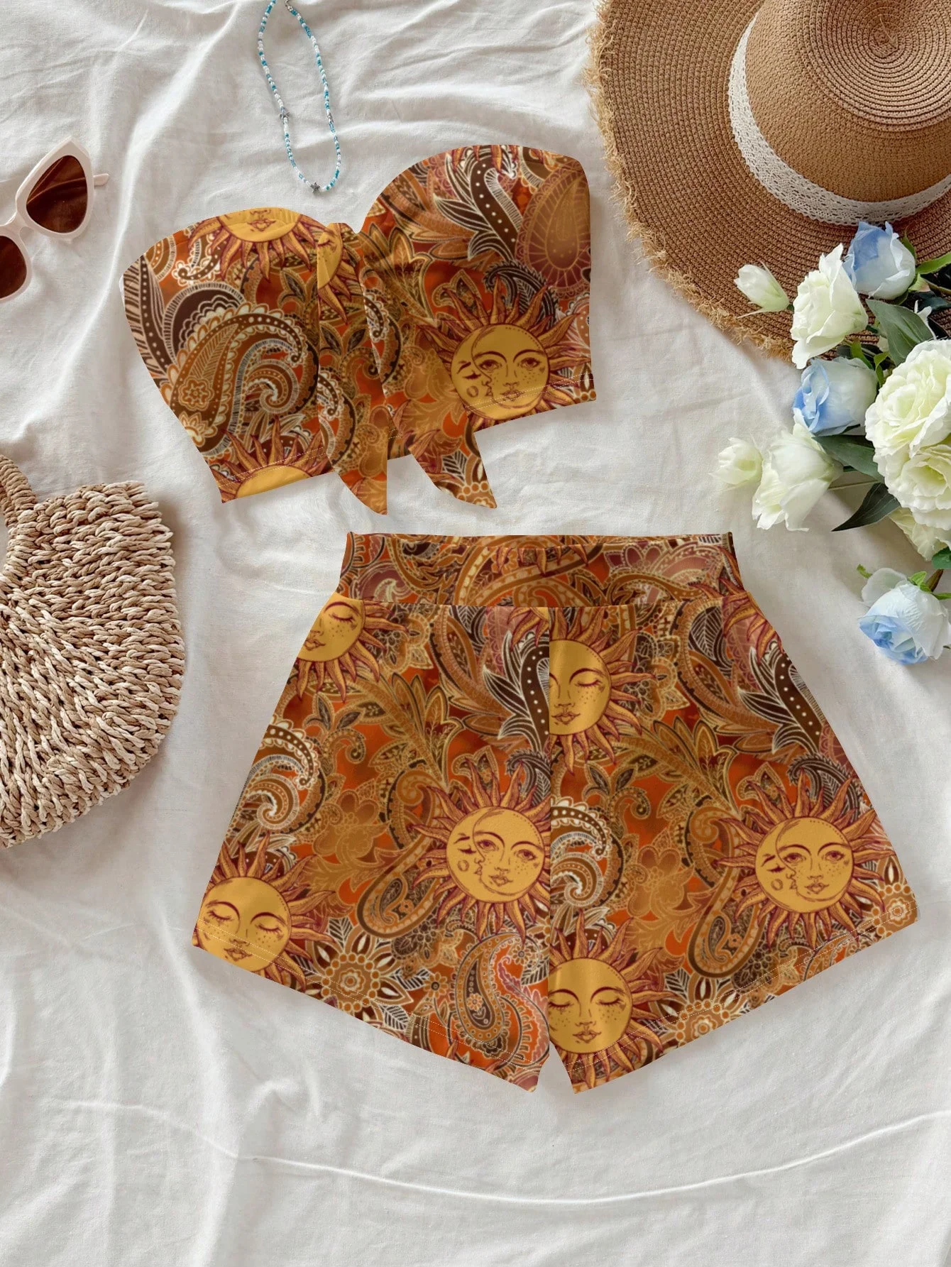 Conjunto de 2 piezas de talla para mujer con patrones Vintage de sol dorado y paisley, estilo playero informal minimalista de verano Vcay, Clo de verano para mujer